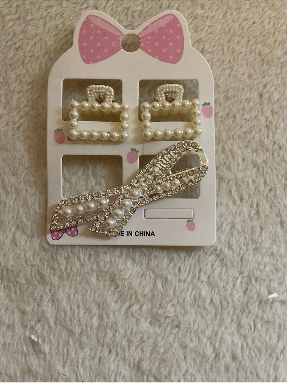 Pearl & Rhinestone Bow Hair Clip Set - White